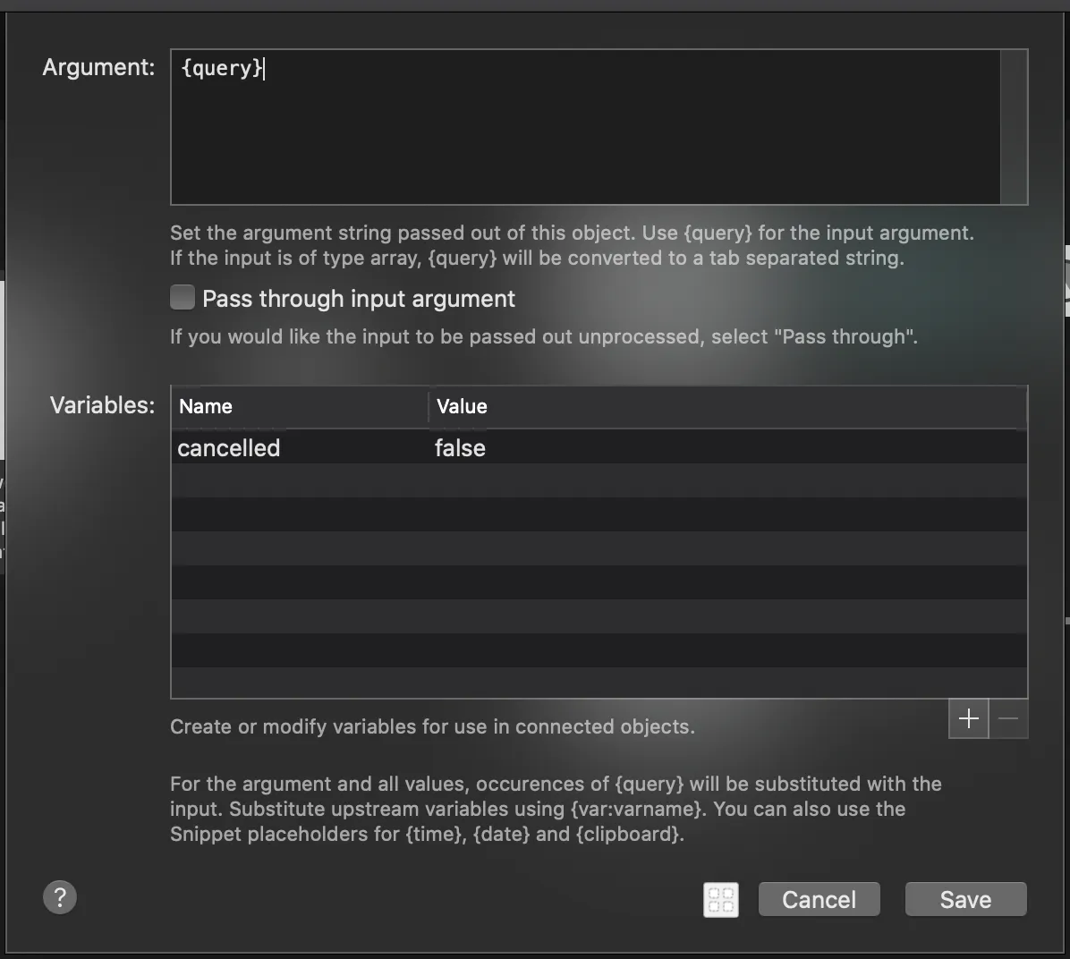 Configuration for the Arg and Vars block